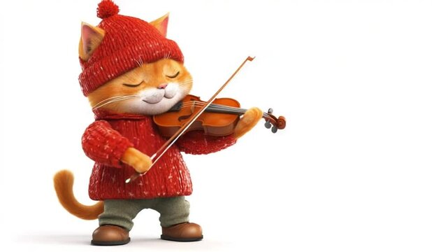 Cartoon cat girl playing violin with graceful movements and musical expression in animated performance.