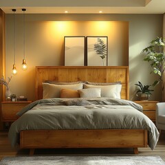 Modern wooden bedroom, calming decor, nightstand, plants
