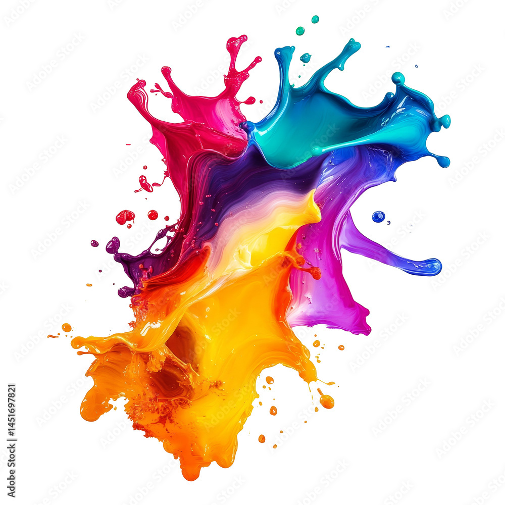 Poster vibrant rainbow ink splashes create dynamic art in fluid forms and colors, rainbow colored gradient 
