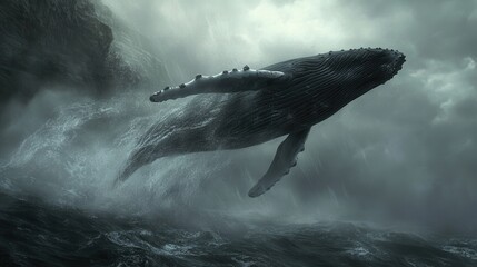 Fototapeta premium A realistic image of a humpback whale leaping through a misty ocean, capturing the majestic creature as it emerges from the water with a powerful splash.