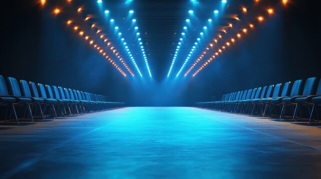 Empty runway with chairs, illuminated by blue and orange spotlights. It's great for fashion, events, product launch or presentation concepts.