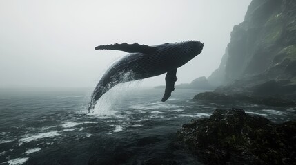 Obraz premium A realistic image of a humpback whale leaping through a misty ocean, capturing the majestic creature as it emerges from the water with a powerful splash.