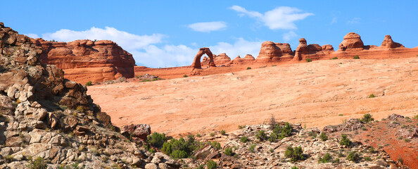 Panoramic view of the amazing landscape and formations at Arches National Park in Utah, including Delicate Arch.