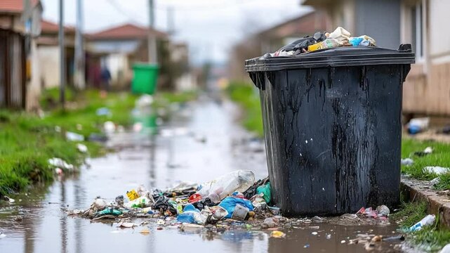 Overflowing trash bin amidst littered street and stagnant water in urban environment creating pollution concern