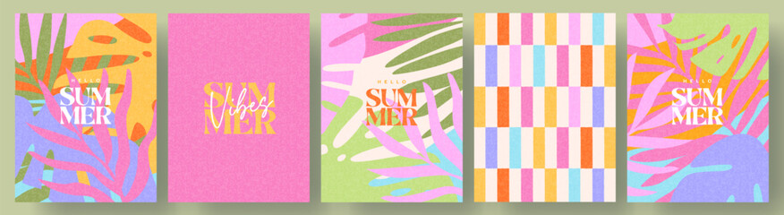 Fototapeta na wymiar Creative concept of summer bright cards set with abstract tropical leaves. Modern art minimalist style design templates for celebration, ads, branding, banner, cover, label, poster, sales