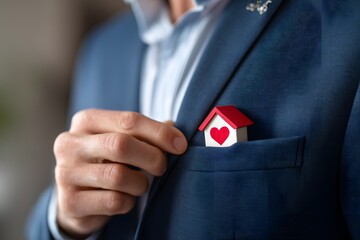 Man in Suit Holds Miniature House Representing Homeownership and Real Estate