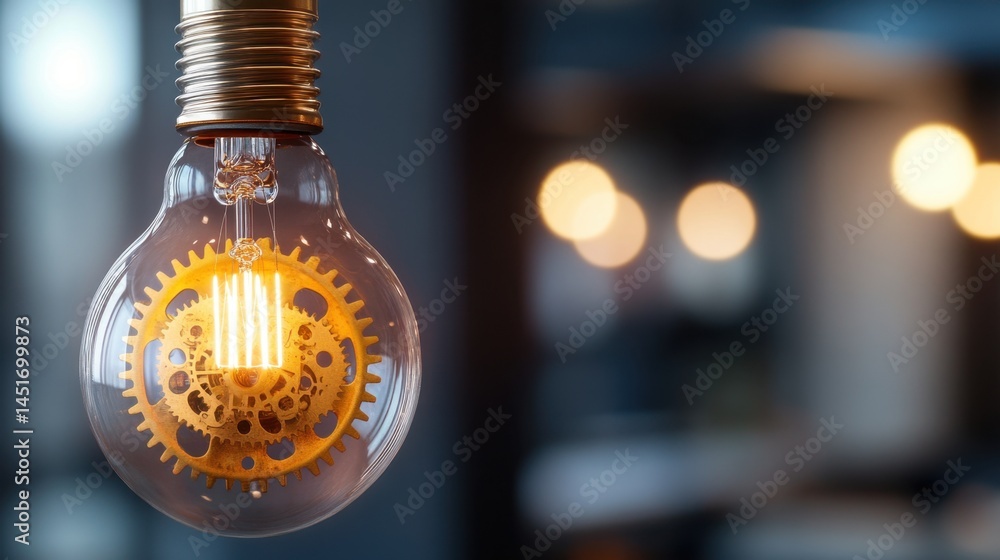 Poster a lightbulb filled with complex gears and cogs on a dark background
