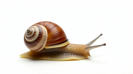 A garden snail, likely a Helix pomatia, is captured in profile against a clean white background