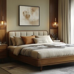 Modern wooden bed, calm bedroom, sunlight, minimalist decor, interior design