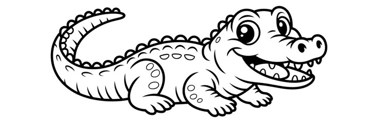 Obraz premium Cute Crocodile Sketch: A charming monochrome illustration of a smiling crocodile, depicting a friendly reptile with detailed scales and a playful demeanor.