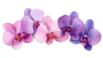 Fototapeta na wymiar Artistic composition of purple and pink orchids in full bloom, watercolor medium with gentle brush details