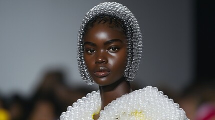 Runway model in a pearl-stitched dress, beauty and elegant design 