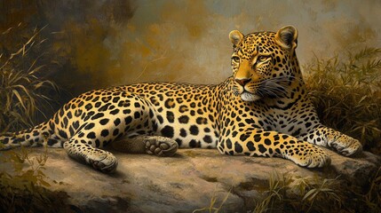 Naklejka premium A realistic image of a leopard resting in a relaxed pose, showcasing its sleek, spotted coat against a natural backdrop.