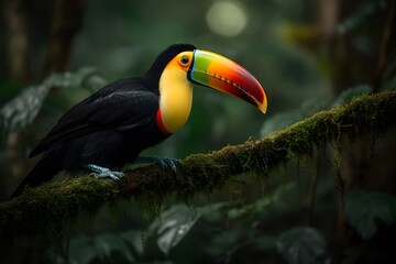 Fototapeta premium A colorful toucan perched on a mossy branch in a lush green forest looking towards the left side