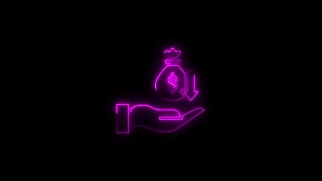 Animated neon dollar bag with down arrow symbolizing financial decrease