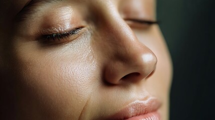 Close-Up of Serene Woman's Face with Relaxed Expression and Soft Natural Lighting Enhancing Skin Texture