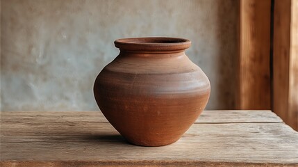 The brown earthen clay pot sits gracefully on the kitchen table, its earthy texture adding warmth and a rustic charm to the home.
