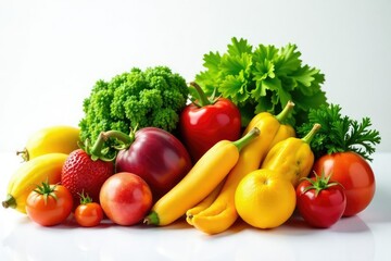 Assortment of organic fruits & vegetables on white backdrop, vibrant colors, gourmet
