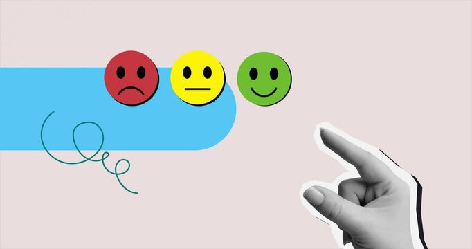 User experience - the hand chooses the smiling emoji. Service rating. Modern collage style. 4K stop motion animation