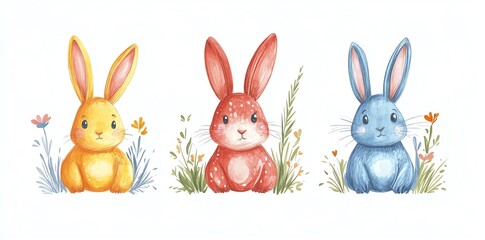Obraz premium Three cute bunnies in flowers