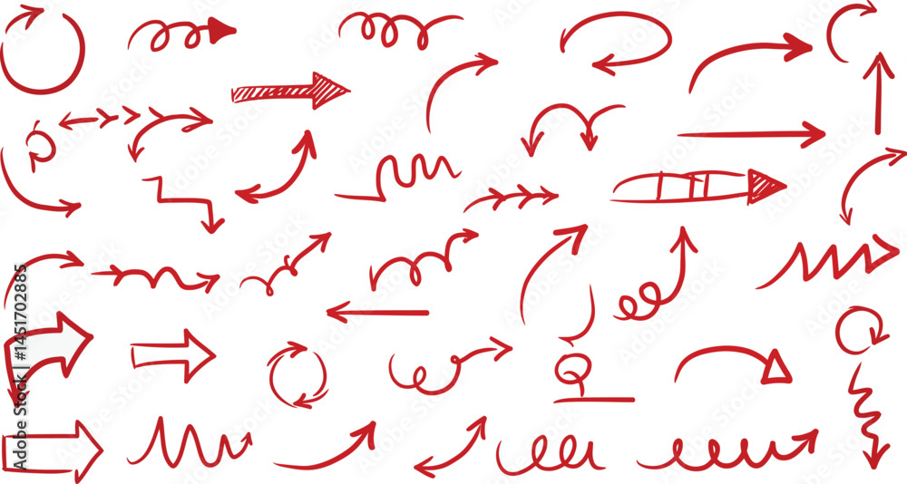 Poster Red Sketch Arrow Set on Transparent Background AI Generative
