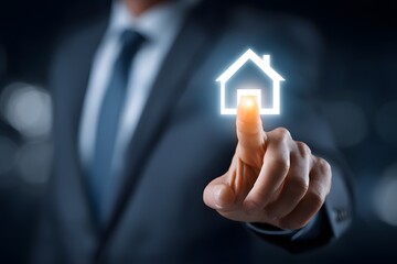 Businessman Selecting Smart Home on Touchscreen Technology