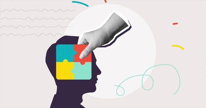 A hand places the missing puzzle piece into a person's head. Decision aid concept. Modern collage style. 4K stop motion animation