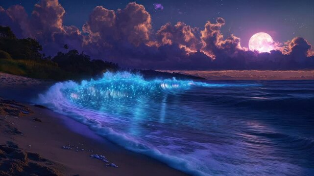 Mystical glow on a tranquil beach at night.  Waves of bioluminescent plankton illuminate the shore as the moon hangs high in a dramatic twilight sky