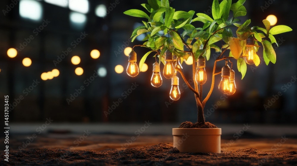 Poster conceptual tree with illuminated lightbulbs growing instead of leaves