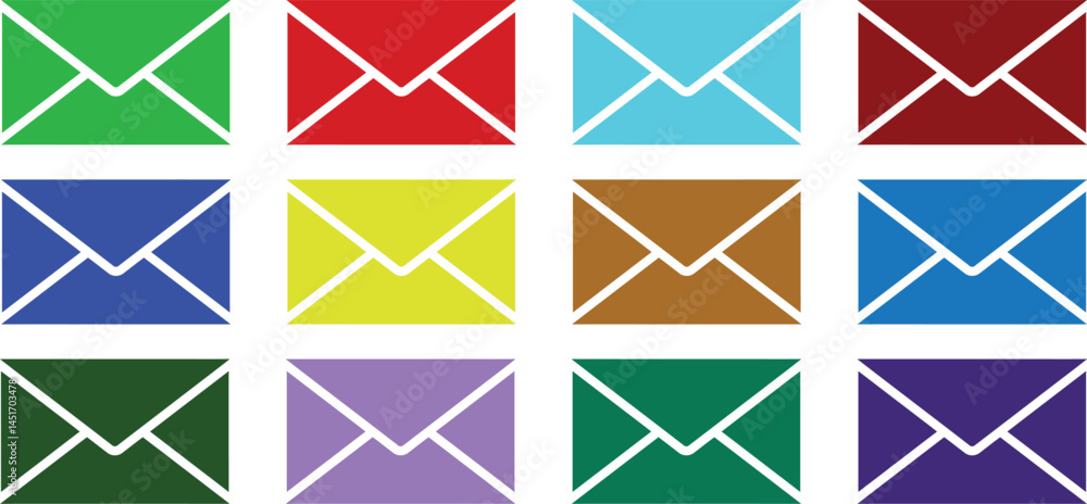 Poster twelve varied color envelope icons on transparent background ai generative