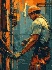 Industrial worker in a graphic novel art style. A vector illustration of a dedicated builder or installer with a hard hat focused on his task against a factory background.