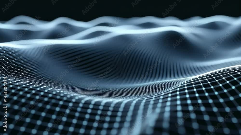 Poster mesmerizing digital landscape of flowing waves and grid patterns, showcasing depth and movement with
