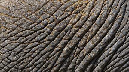 The close-up of elephant skin reveals its rough, wrinkled texture, illuminated by natural light that accentuates the unique patterns and details of this majestic animal’s skin.