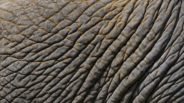 The close-up of elephant skin reveals its rough, wrinkled texture, illuminated by natural light that accentuates the unique patterns and details of this majestic animal’s skin.