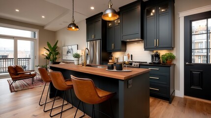 Elegant Modern Kitchen with Navy Cabinets and Wooden Accents in Urban Apartment