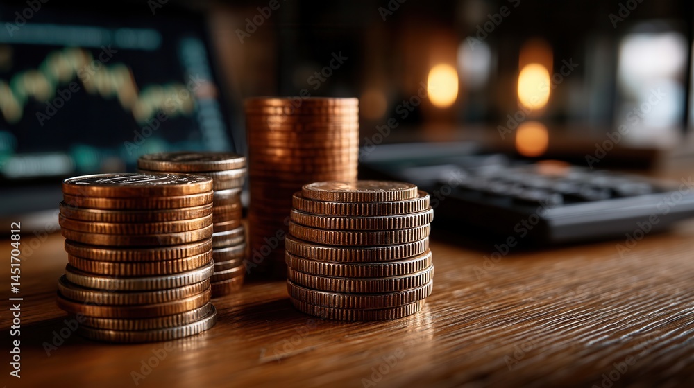 Poster focused stacks of coins with trading chart in office setting