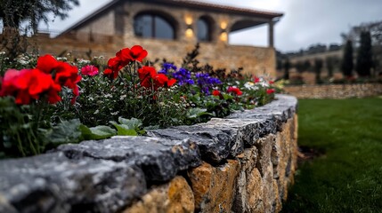 Flowerbed, Stone Wall, Countryside