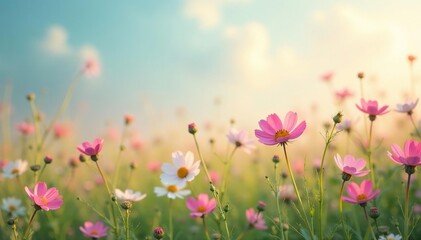 Delicate wildflowers scattered across field, pastel hues, delicate, design