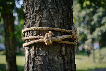 Rope Binding Around Tree Trunk in Natural Outdoor Setting