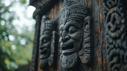 Wooden carvings of ornate faces are prominently displayed on a structure