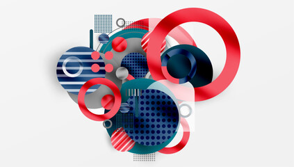 Fototapeta premium Abstract geometric composition. Circles, squares overlap creating dynamic visual effect. Red, blue, teal dominate design. Modern, clean aesthetic.