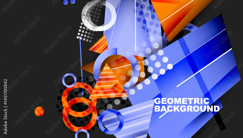Aufkleber Abstract geometric composition. Blue, orange hues dominate. Circles, rectangles create dynamic visual effect. Modern design elements present.