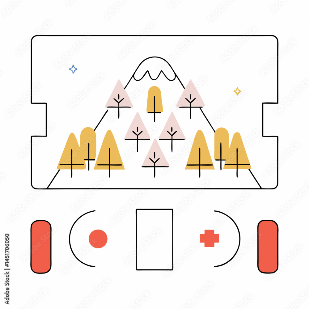 Poster 3d cartoon game scene featuring mountain landscape with stylized trees and retro game controller des