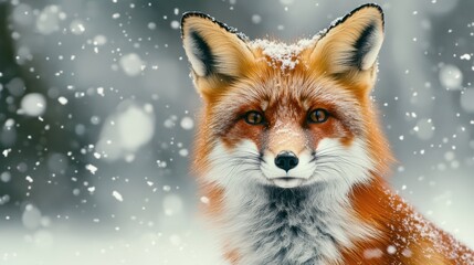 Obraz premium A realistic photo captures a red fox in a close-up portrait, set against a snowy backdrop.