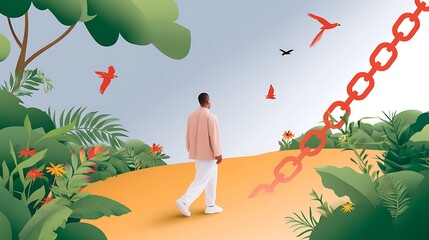 Man Walking in a Surreal Landscape Surrounded by Tropical Plants and Colorful Birds with a Broken Chain