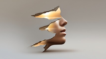 Surreal artwork of a fragmented face revealing a beautiful sunset landscape within its layers