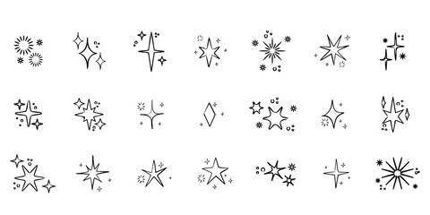 hand drawn doodle sparkle and starburst vector collection with glowing doodle stars, comic-style light flashes, explosion bursts, twinkling, highlights, festive, firework effects. Sketch-style graphic