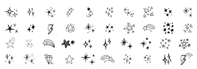 hand drawn doodle sparkle and starburst vector collection with glowing doodle stars, comic-style light flashes, explosion bursts, twinkling, highlights, festive, firework effects. Sketch-style graphic