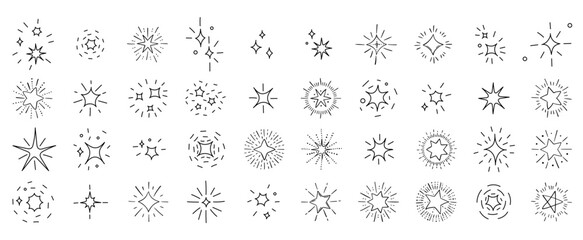 hand drawn doodle sparkle and starburst vector collection with glowing doodle stars, comic-style light flashes, explosion bursts, twinkling, highlights, festive, firework effects. Sketch-style graphic
