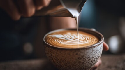 Latte art being poured, detailed coffee imagery 